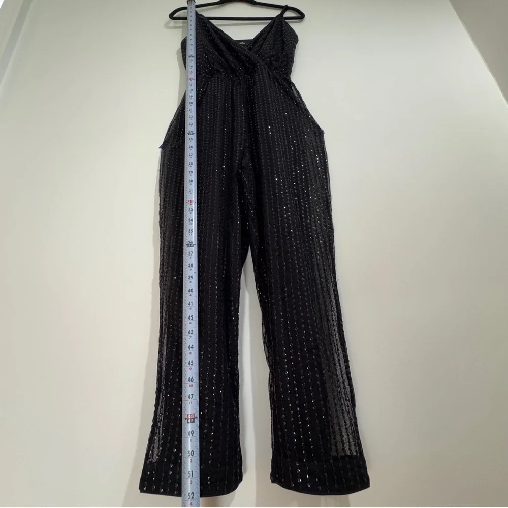 Express Black Sequin Surplice V-Neck Adjustable Strap Jumpsuit Size Small‎